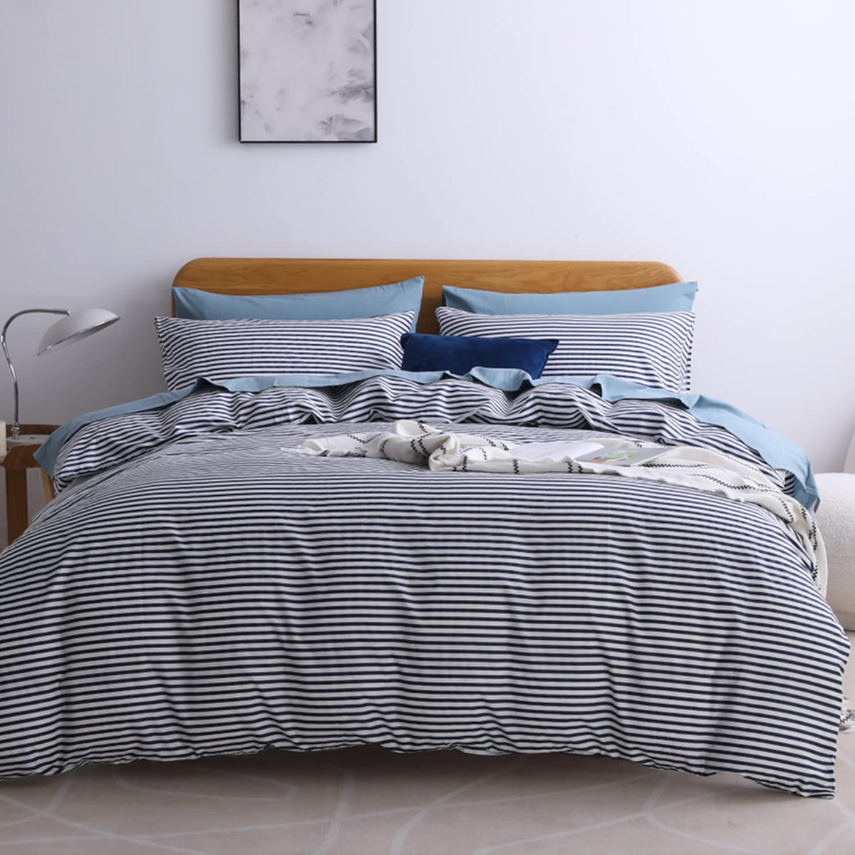 JELLYMONI 100% Cotton Classic Striped Queen Duvet Cover Set, Tan/White
