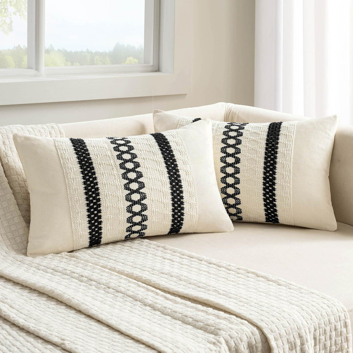 MIULEE Set of 2 Sage Green Boho Decorative Lumbar Pillow Covers 12x20 Inch