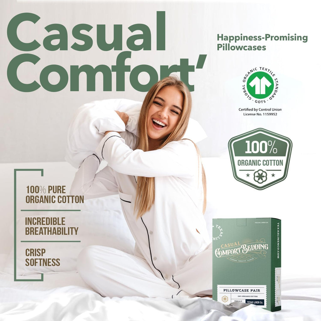 TEXAS LINEN CO. 100% Organic Cotton Percale Pillow Cases Standard/Queen Size Set of 2 - Percale Pillowcases Standard/Queen, Soft Cooling Pillow Cases for Sleeping, Cotton Pillow Covers - White