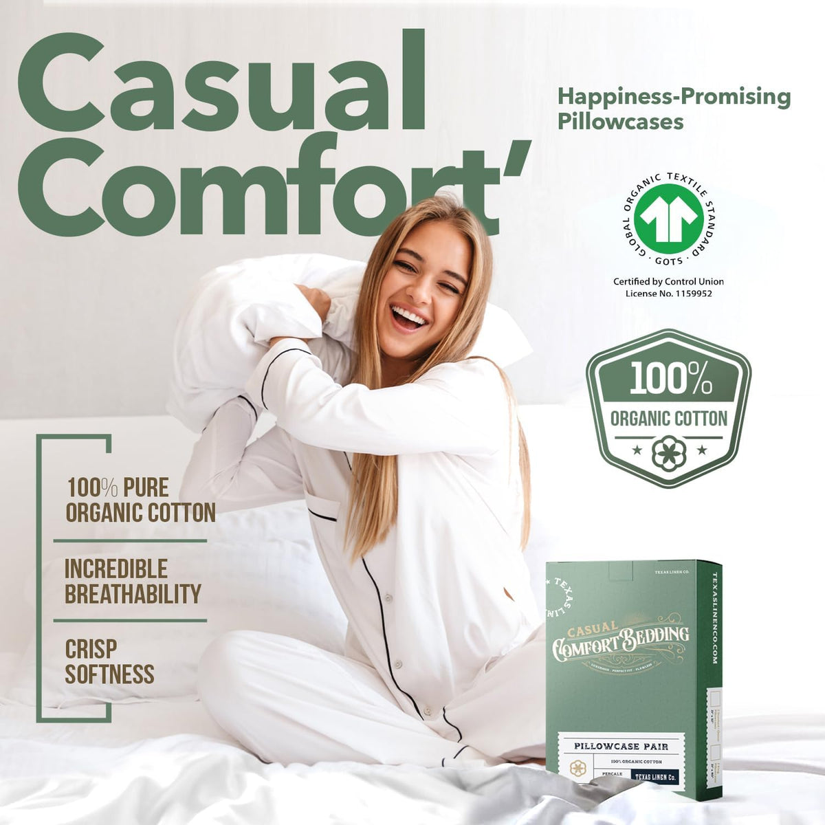 TEXAS LINEN CO. 100% Organic Cotton Percale Pillow Cases Standard/Queen Size Set of 2 - Percale Pillowcases Standard/Queen, Soft Cooling Pillow Cases for Sleeping, Cotton Pillow Covers - White