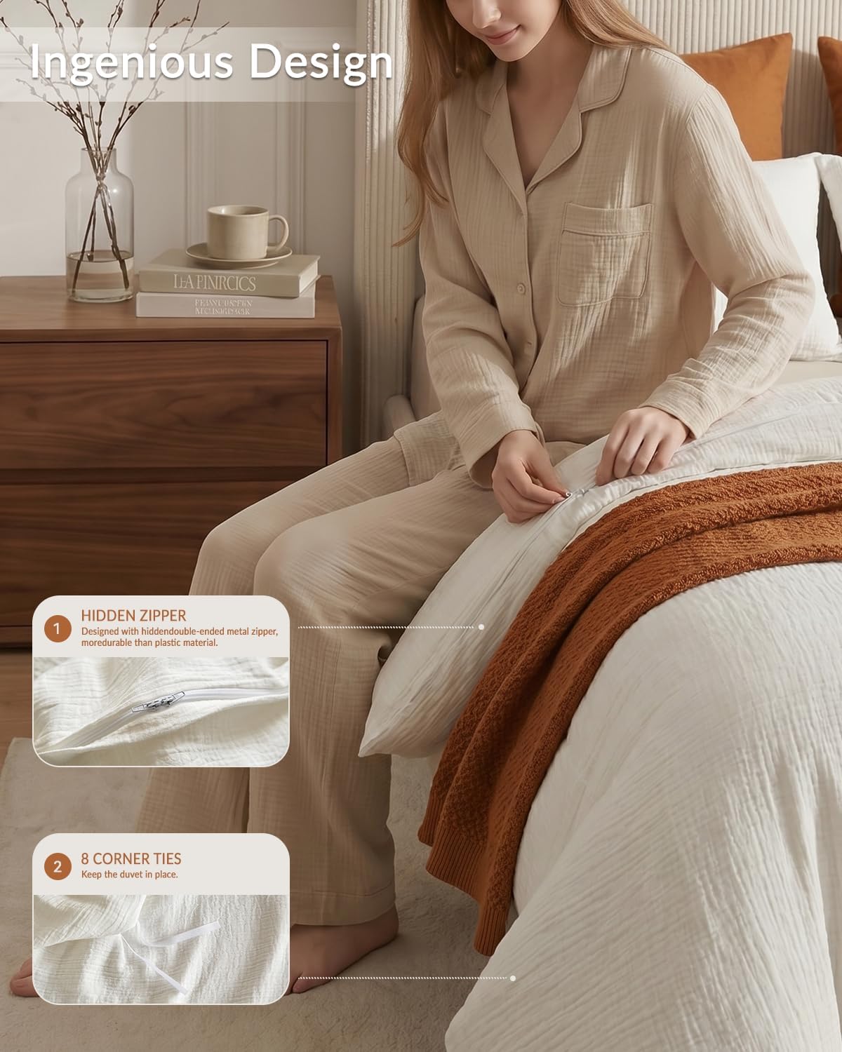 SE SOFTEXLY Muslin Duvet Cover Queen Size, 100% Washed Cotton Duvet Cover Set, Ultra Soft Comforter Cover Linen Like, 3 Pieces Minimalist Gauze Duvet Cover with 2 Pillowcases, 90"x90", White