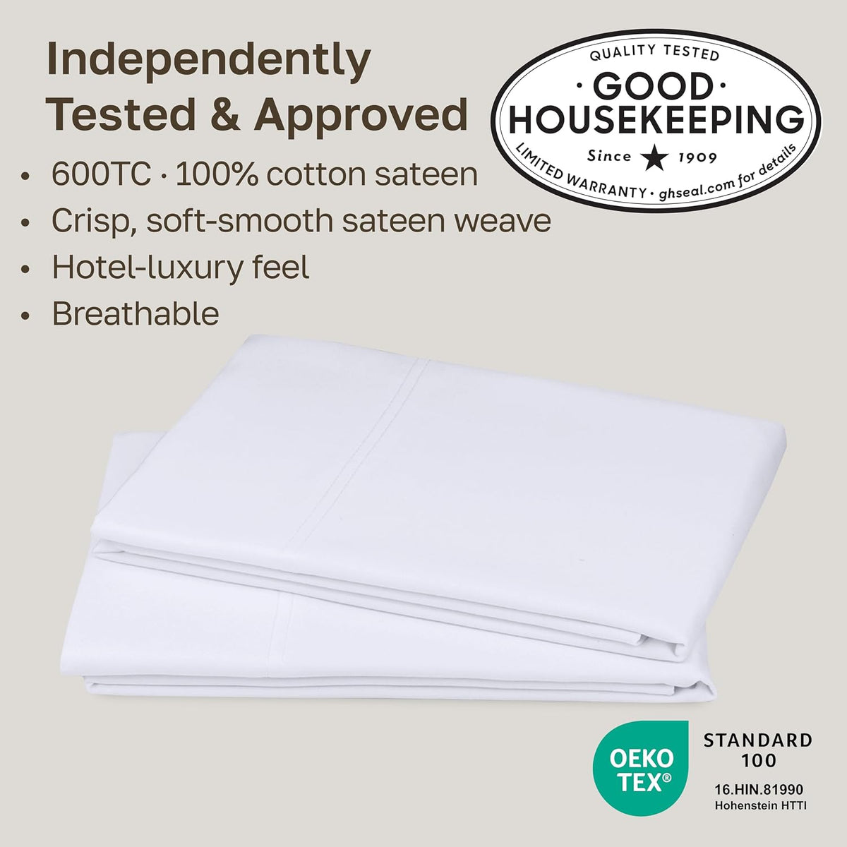 CALIFORNIA DESIGN DEN Luxuriously Soft Hotel Quality 600 Thread Count, 100% Cotton Set of 2 Cases, Crisp & Cool White Standard Pillow Cases Fits Standard & Queen Pillows (Bright White)