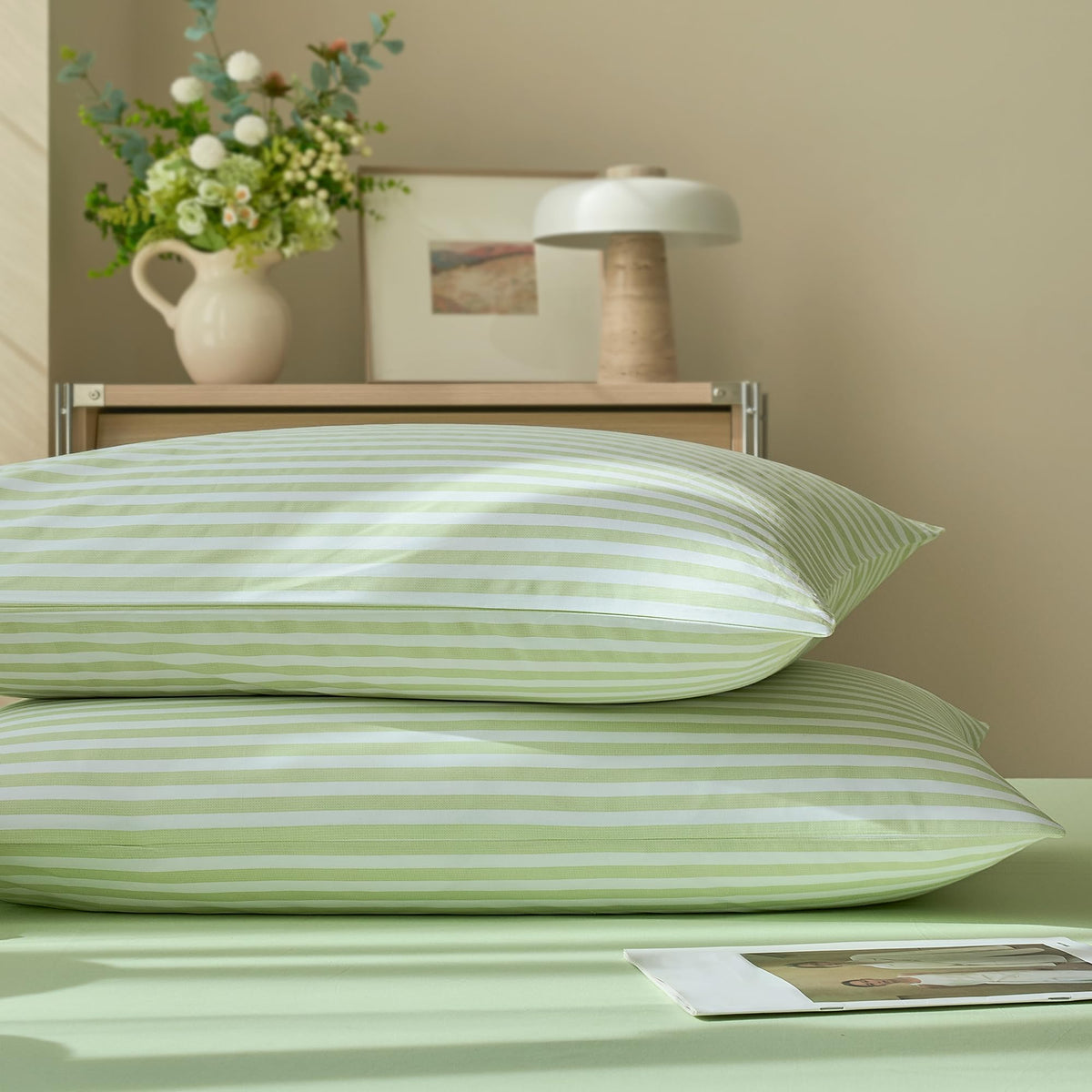 JELLYMONI Cotton Classic Striped Pillowcases Set of 2, Green, Queen