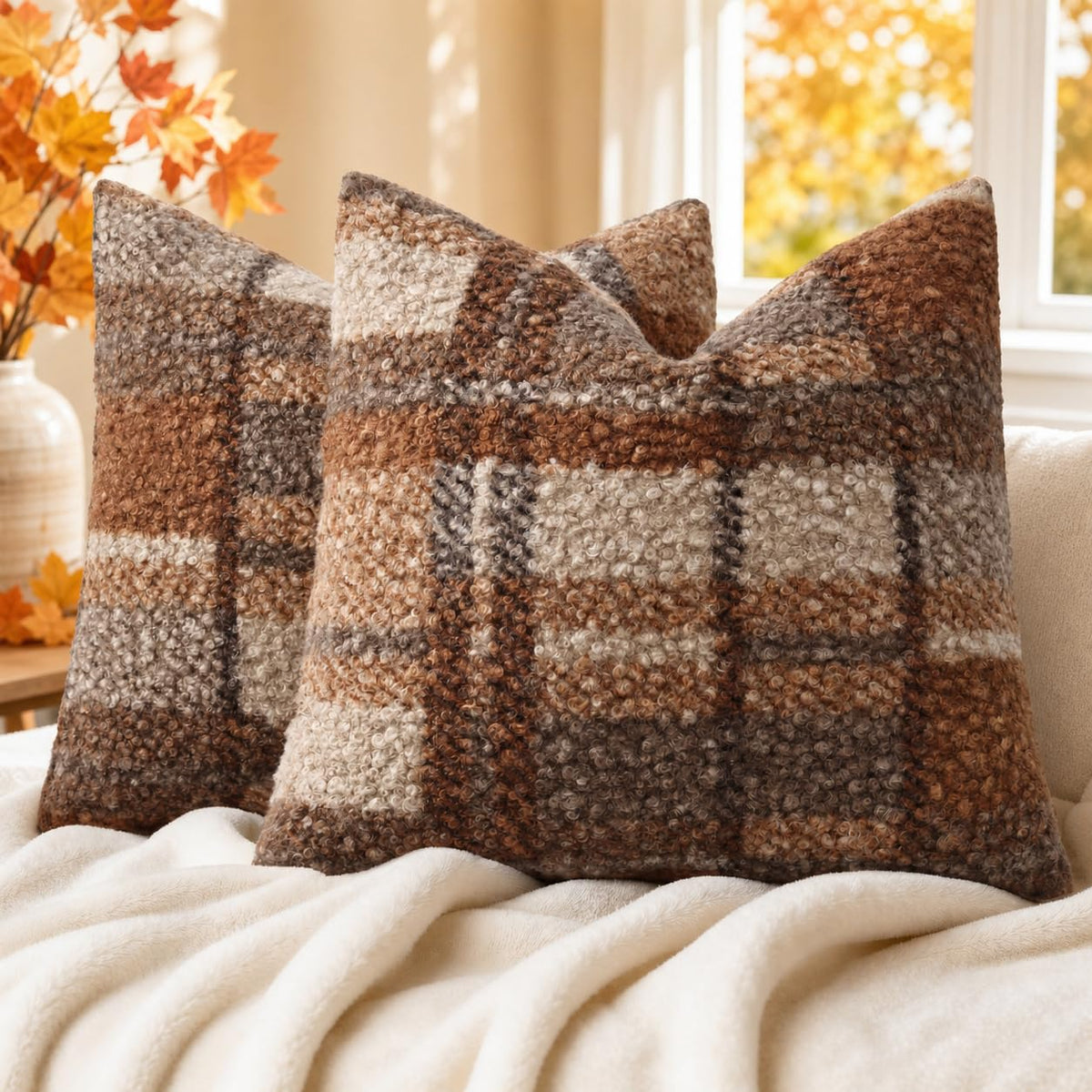 decorUhome Faux Fur Plaid Throw Pillow Covers 20X20 Set of 2 Khaki Brown