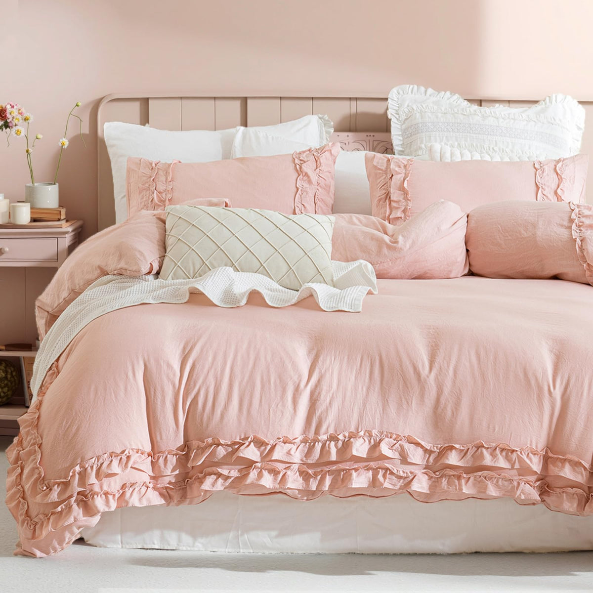 Bedorm Beige Duvet Cover Set Queen Ruffle Bedding Set Pleat Ruffled Shabby Chic Comforter Cover Extra Soft & Easy Care White Boho Duvet Cover with Zipper Closure