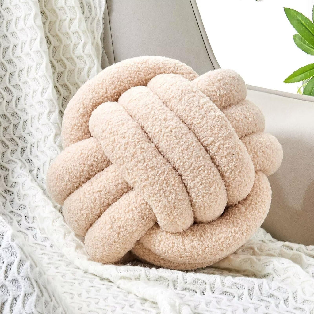 Uvvyui Knot Pillow Ball, Soft Home Decorative Round Throw Pillow, Handmade Knotted Plush Pillow, Round Boucle Pillow Cushion (8.6 Inches Ivory)