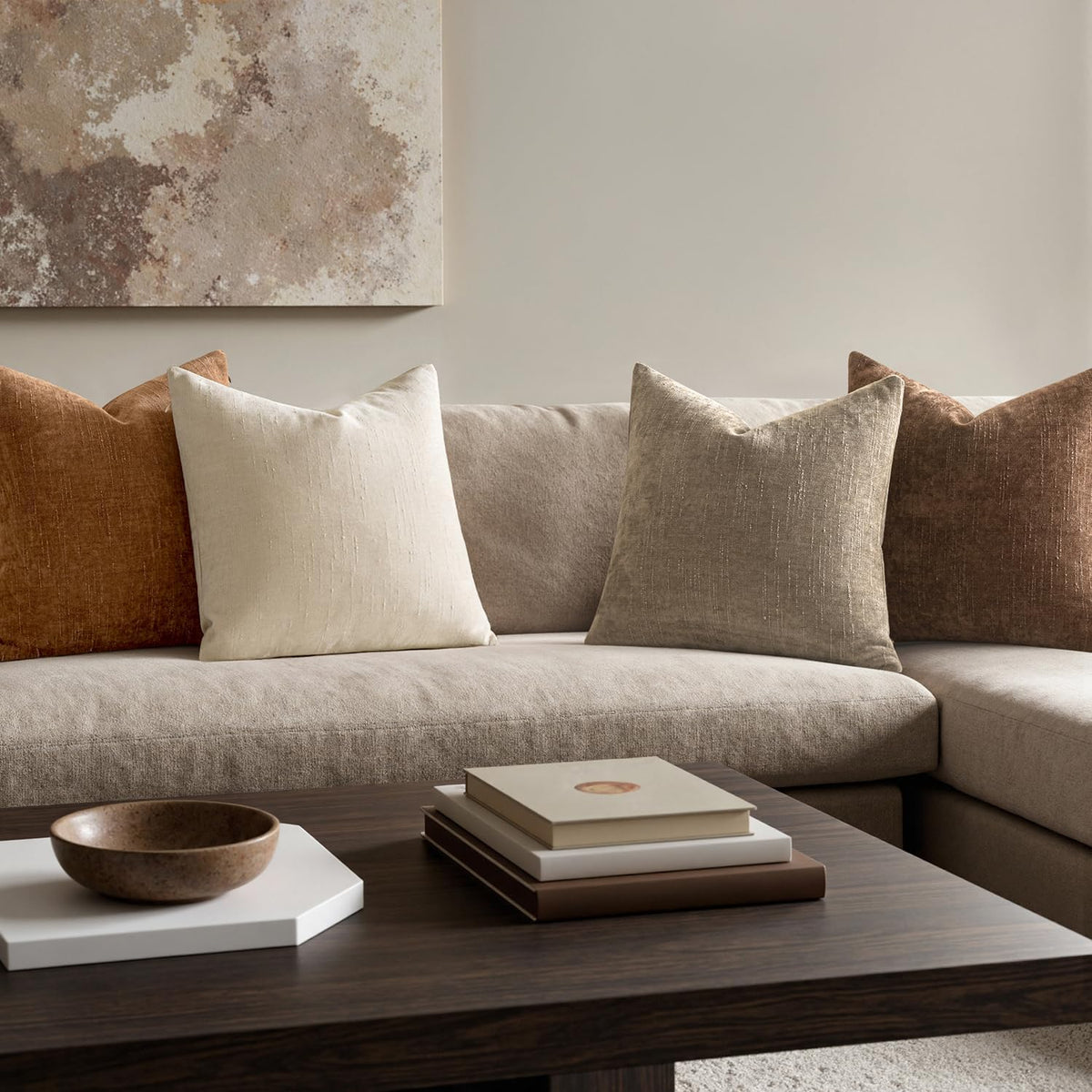 MIULEE Pack of 4 Fall Decorative Throw Pillow Covers 18x18 Inch Chenille Textured Throw Pillows Boho Farmhouse Cushion Covers Vintage Home Decor for Couch Sofa Bed Living Room，Beige Taupe Brown