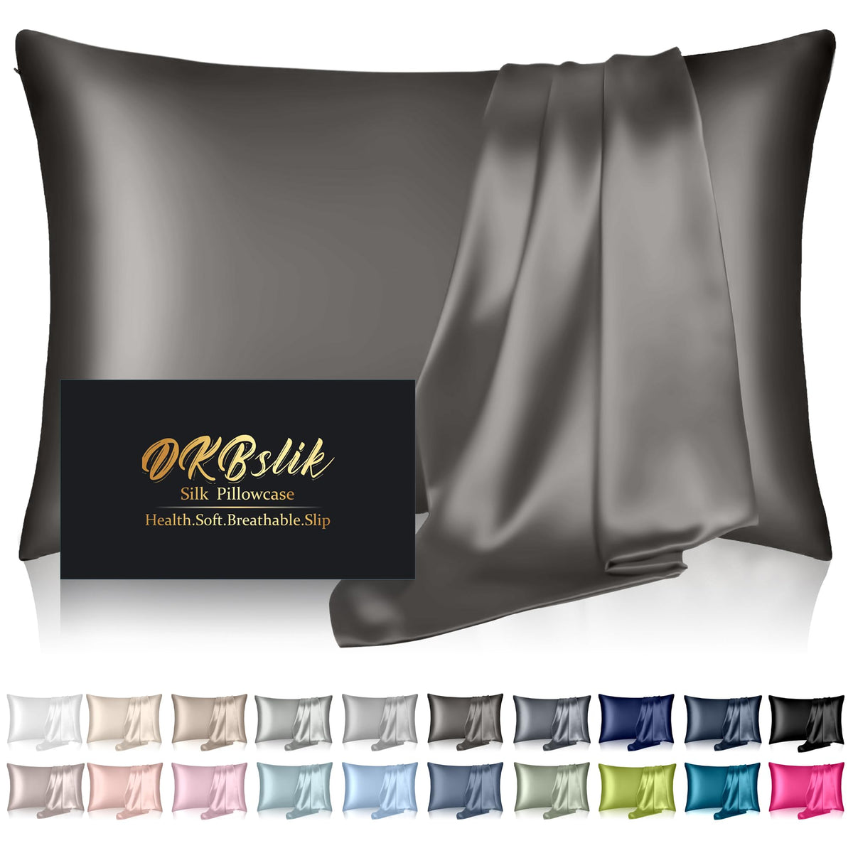 Silk Pillowcase for Hair and Skin, Mulberry Silk Pillow Cases Standard Size, Anti Acne Cooling Sleep Both Sides Natural Silk Satin Pillow Covers with Hidden Zipper, Gifts for Women Men, Ash Blue