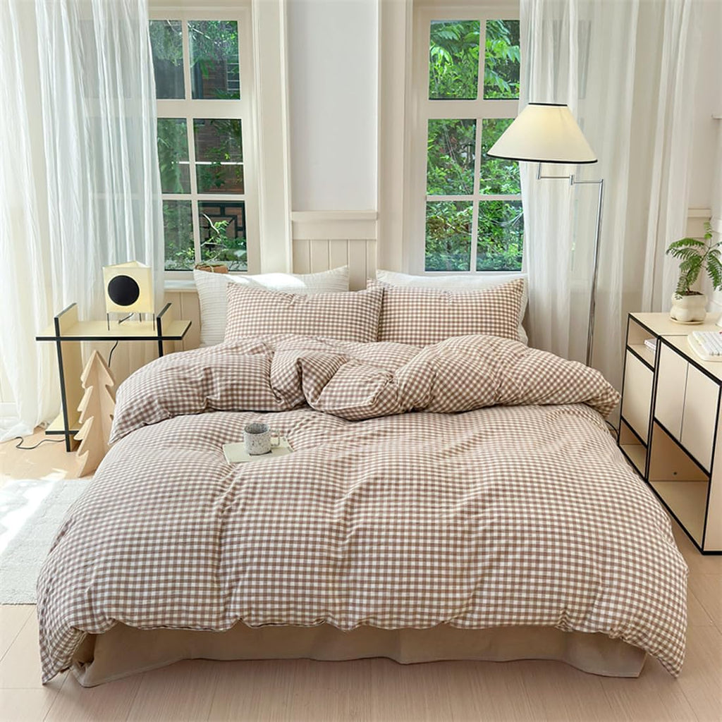 Nayoroom Gingham Duvet Cover Set Queen Pink White Plaid Checkered Bedding