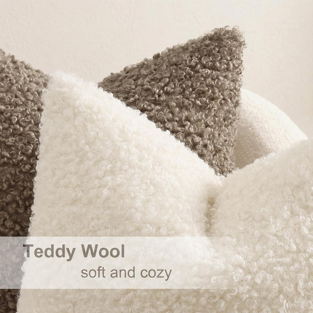 decorUhome Sherpa Throw Pillow Covers 18x18 Set of 2 Neutral Cream