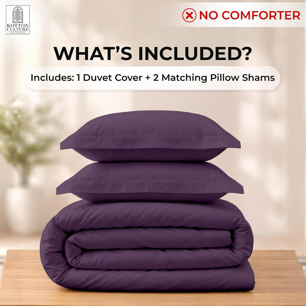 Kotton Culture 3 Pc Duvet Cover King Size Set-100% Egyptian Cotton 600 Thread Count Ultra Soft Premium Durable Comforter Cover Zipper Closure & Corner Ties - (Plum, 104" X 94")