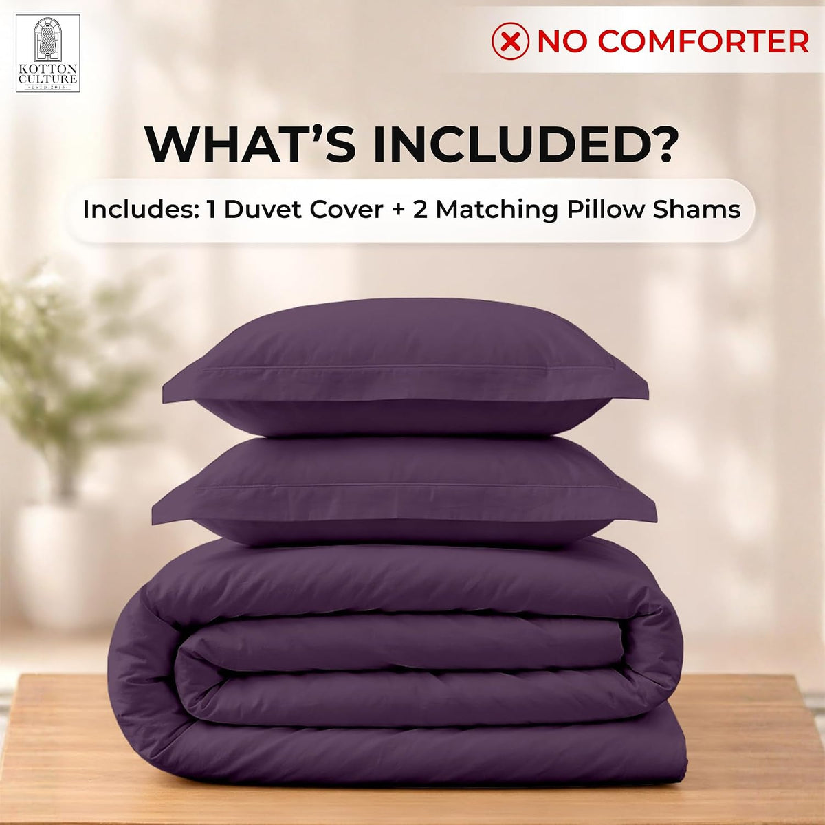 Kotton Culture 3 Pc Duvet Cover King Size Set-100% Egyptian Cotton 600 Thread Count Ultra Soft Premium Durable Comforter Cover Zipper Closure & Corner Ties - (Plum, 104" X 94")