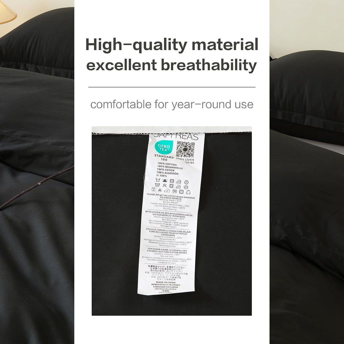 Duvet Cover Set King Size 100% Organic Cotton Pirate Black, SAPHREAS 3 Pcs Soft Bedding Comforter Cover with Zipper Closure & Corner Ties, Comforter Not Included