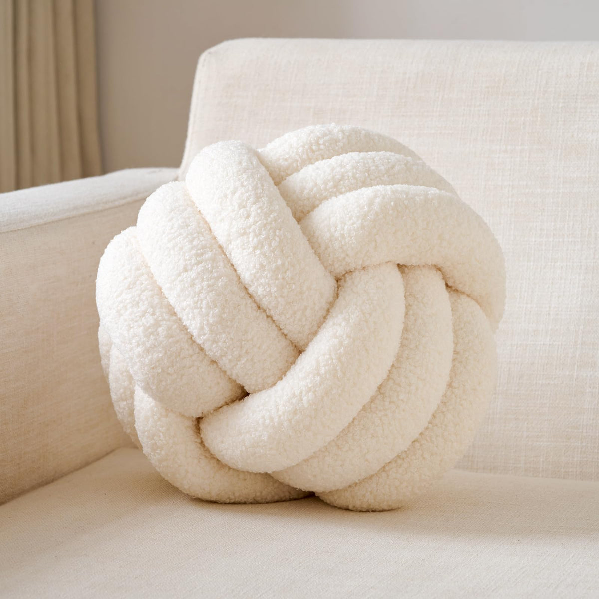 Uvvyui Knot Pillow Ball, Soft Home Decorative Round Throw Pillow, Handmade Knotted Plush Pillow, Round Boucle Pillow Cushion (8.6 Inches Ivory)