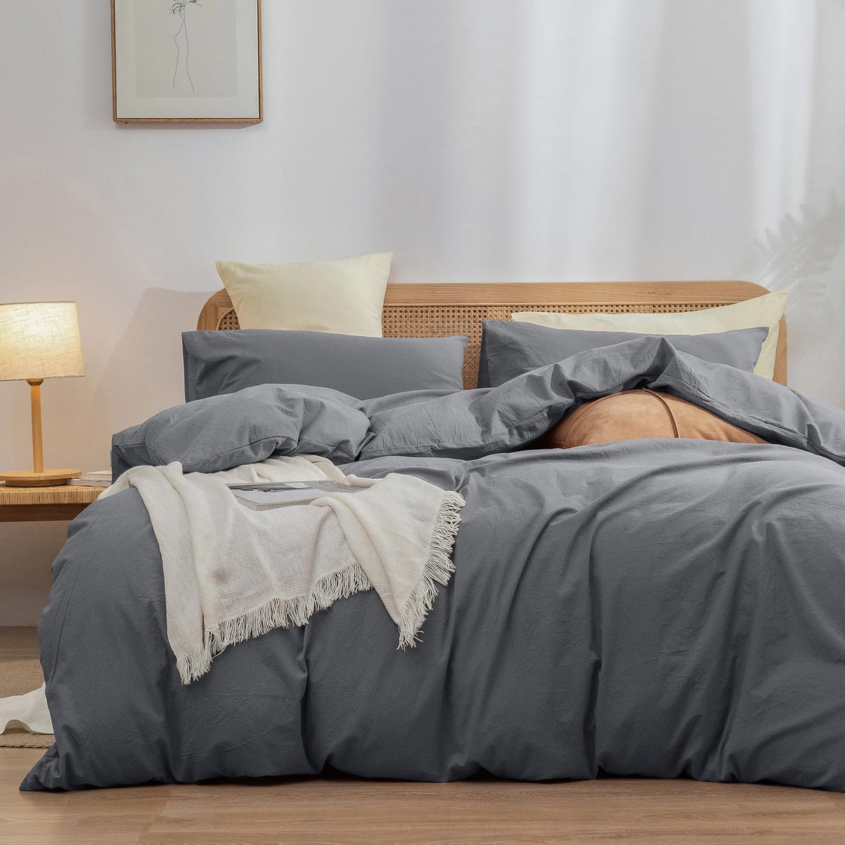 BESTOUCH Cotton Solid Duvet Cover Set Linen Feel Cornflower Blue King