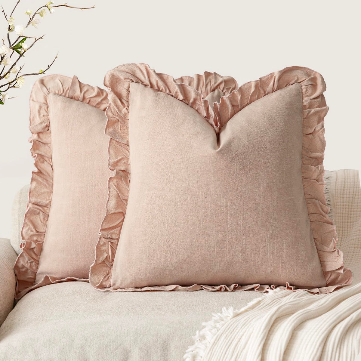 Foindtower Set of 2 Decorative Soild Fringe Ruffle Throw Pillow Covers Soft Boho Farmhouse Cushion Cover Cozy Accent Retro Pillowcase for Couch Sofa Bed Living Room Home Decor,18×18 Inch,Natural Beige