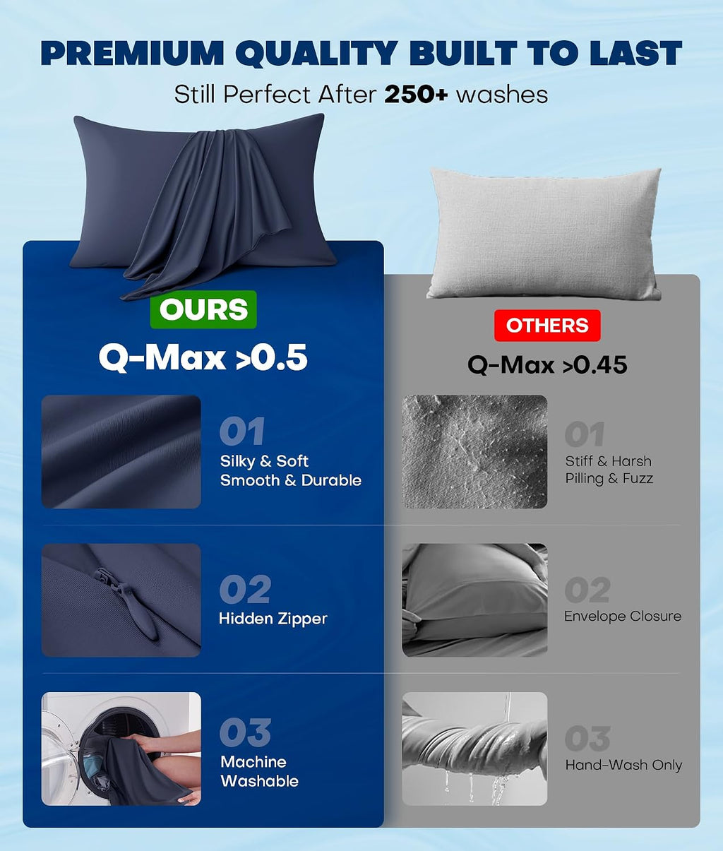 Ultra-Chill Cooling Pillowcase Set of 2 for Hot Sleepers, Softer Than Silk Pillow Cases for Protecting Hair & Skin, Breathable Bed Pillow Covers w/Zipper, Gifts for Women Men (Navy Blue, Standard)