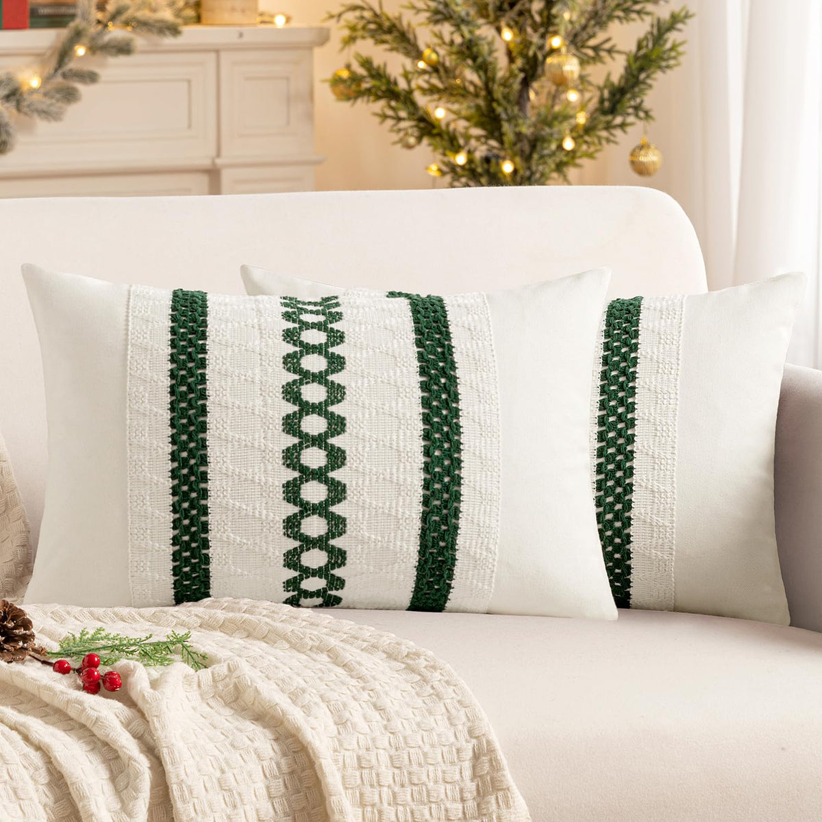 MIULEE Set of 2 Sage Green Boho Decorative Lumbar Pillow Covers 12x20 Inch