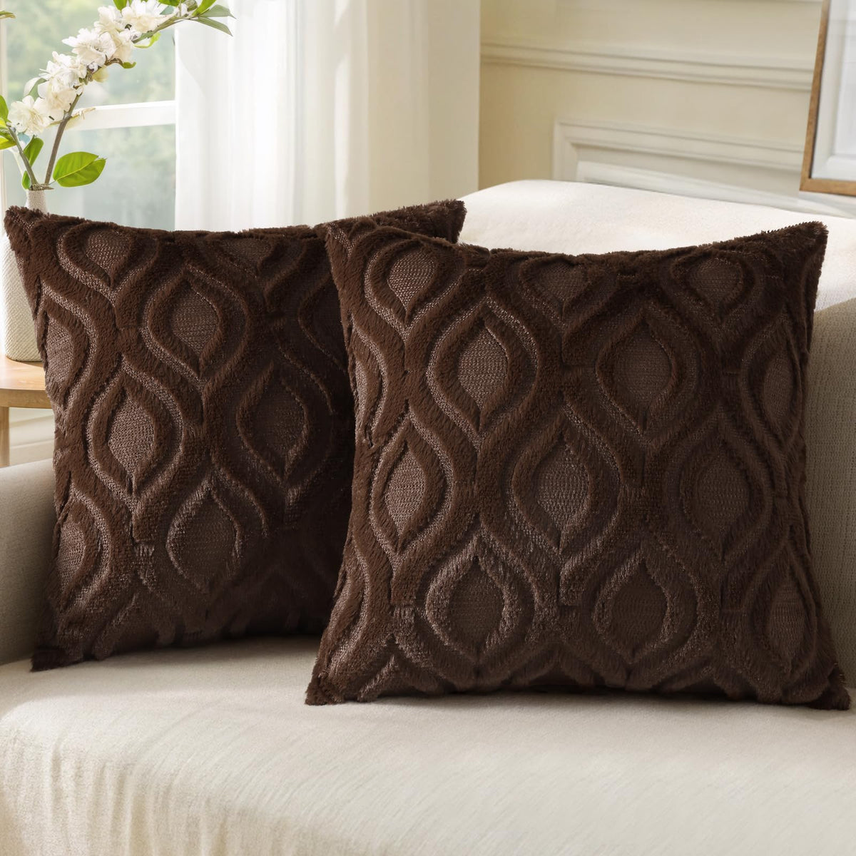 decorUhome Faux Fur Plush Soft Rust Throw Pillow Covers 18x18 Set of 2