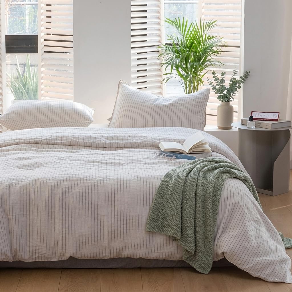 Simple&Opulence 100% Linen Duvet Cover Set 3pcs Basic Style Natural French Washed Flax Solid Color Soft Breathable Farmhouse Bedding with Button Closure - Linen, King