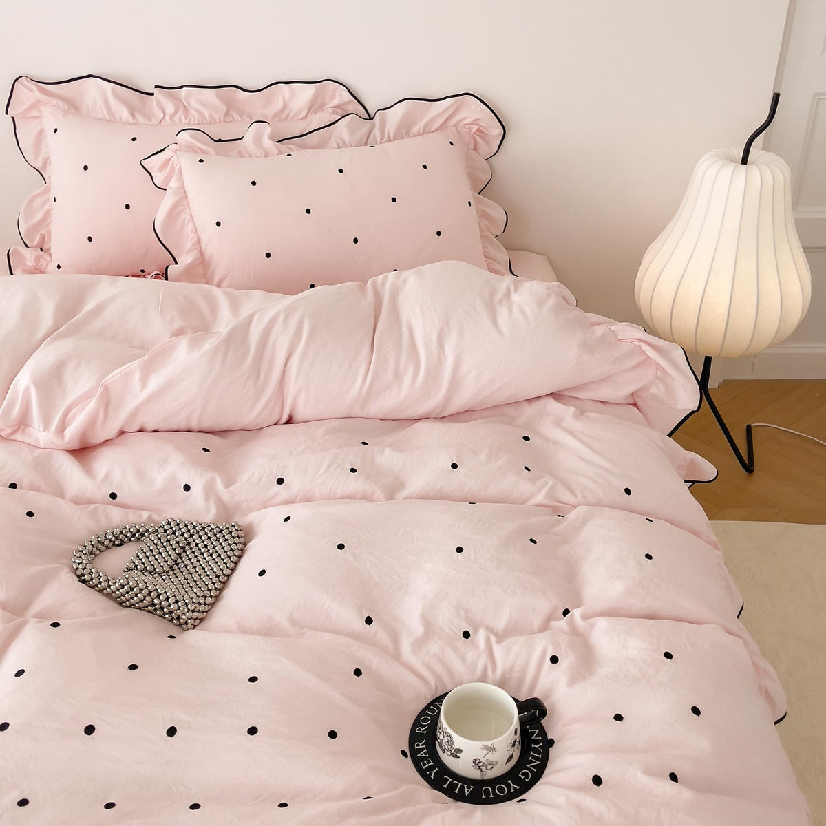 French Chic Ruffled Duvet Cover Queen Size Beige Wavy Jacquard Bedding Set 3 Pieces, Microfiber Zipper Comforter Cover and 2 Pillowcases Aesthetic Boho Girls Women Bedding Duvet Cover for All Seasons