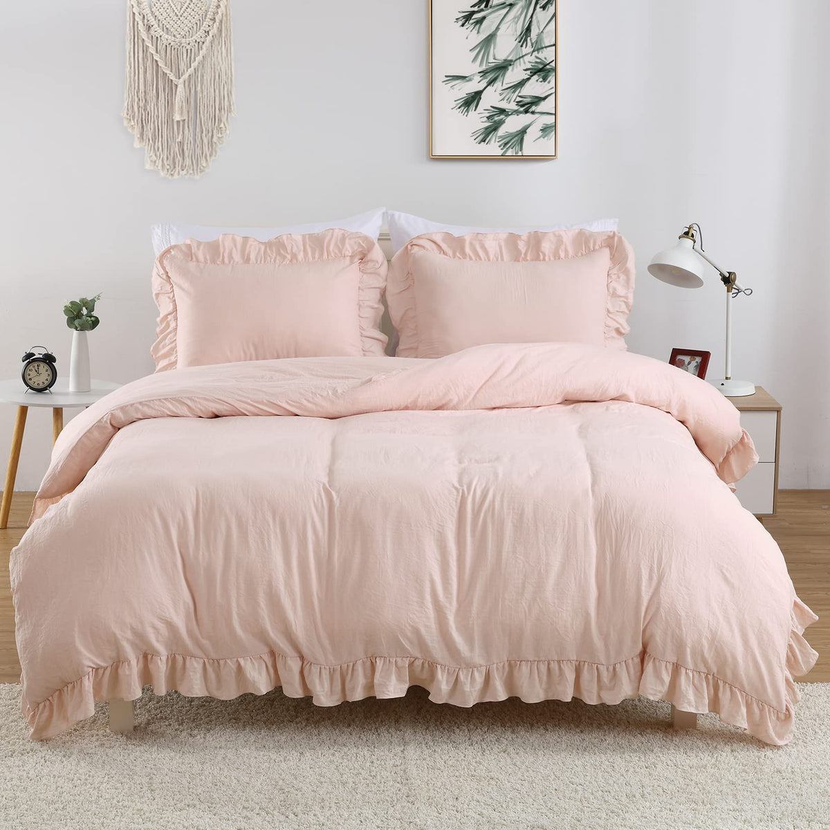 CAROMIO White Ruffle Duvet Cover Queen Size, 3PCS Soft Washed Microfiber Vintage French Country Duvet Cover Set for Queen Bed, White, 90x90 in