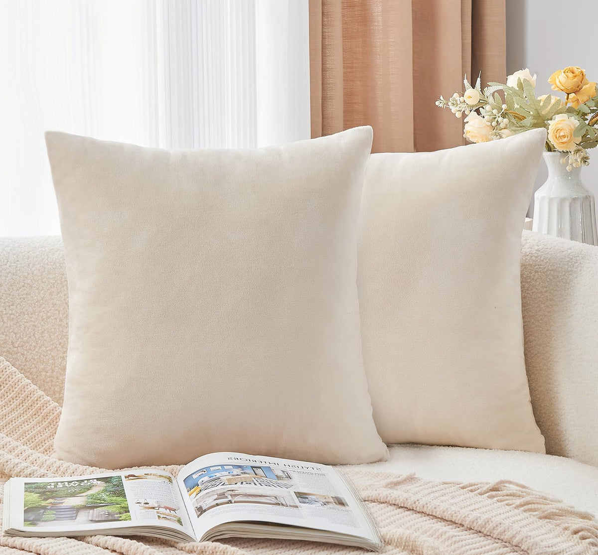 Throw Pillow Covers Mustard Yellow Set of 2 18x18 Inch Fall Pillow Covers, Soft Velvet Farmhouse Neutral Decorative Pillowcases for Couch Sofa Bed, Home Boho Decor, Modern Cushion Covers