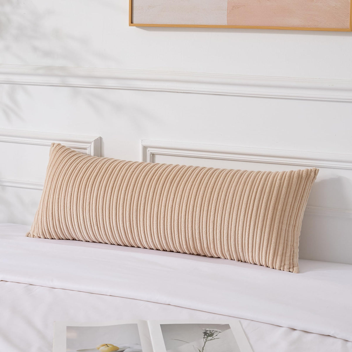 UGASA Velvet 12x20 Inch Lumbar Soft Throw Pillow Cover Boho Farmhouse Decorative Corduroy Striped Both Sides Solid Rectangular Cushion Case for Couch Bedroom Sofa Home, 1 Piece, Beige