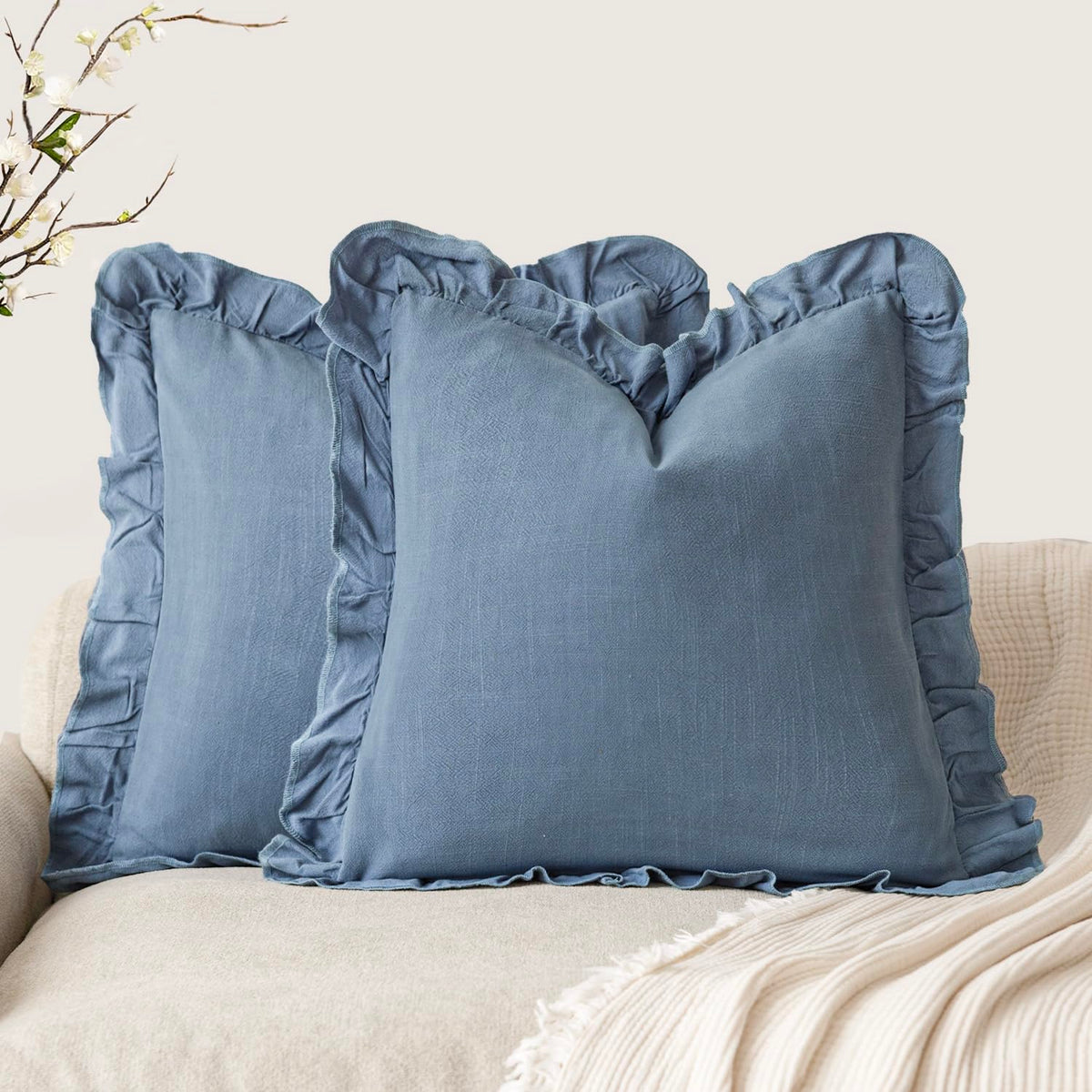 Foindtower Set of 2 Decorative Soild Fringe Ruffle Throw Pillow Covers Soft Boho Farmhouse Cushion Cover Cozy Accent Retro Pillowcase for Couch Sofa Bed Living Room Home Decor,18×18 Inch,Natural Beige