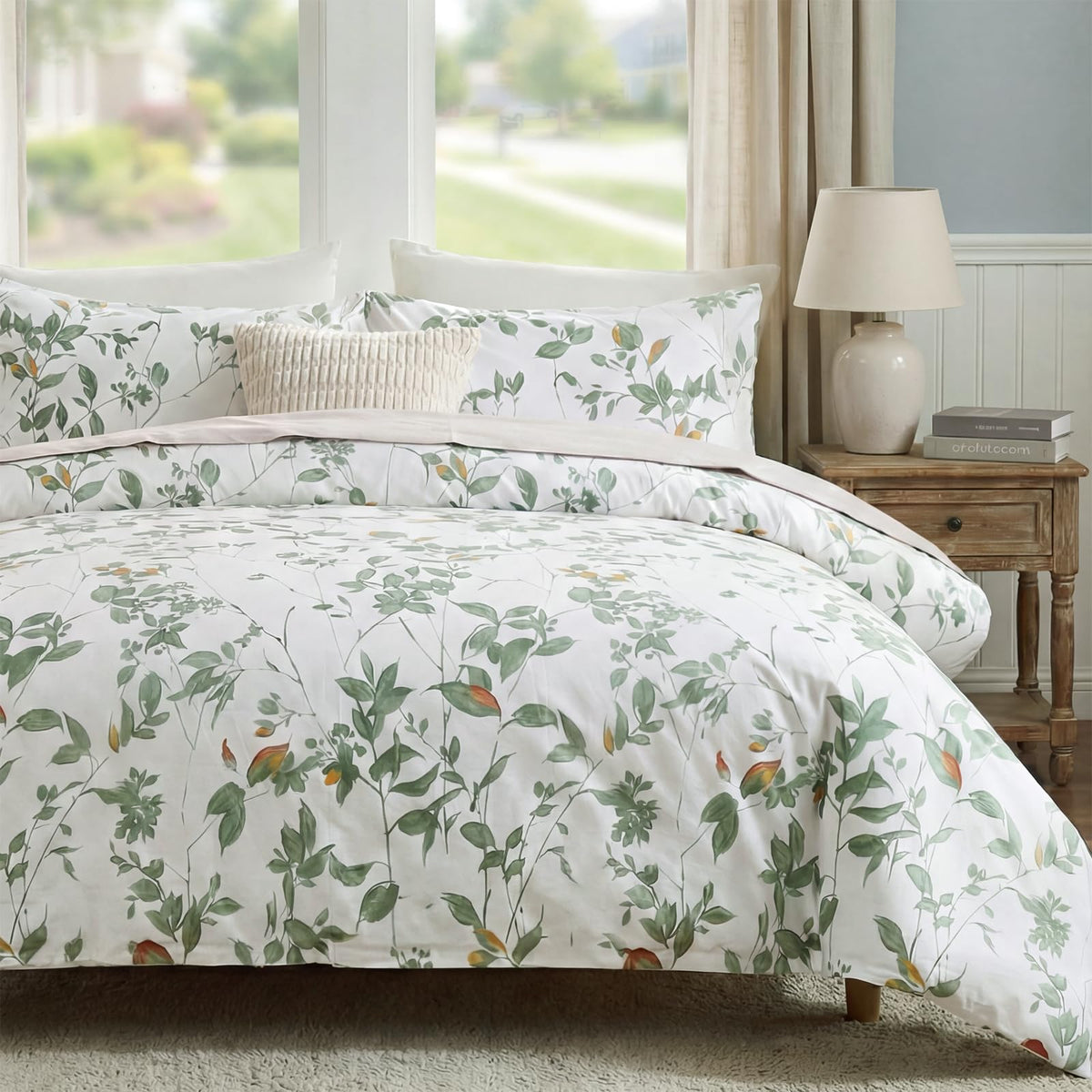 Duvet Cover Queen Size - 100% Cotton Reversible Floral Queen Duvet Cover Set with Zipper Closure, 3 Pieces Soft & Breathable Green Bedding Set for All Seasons