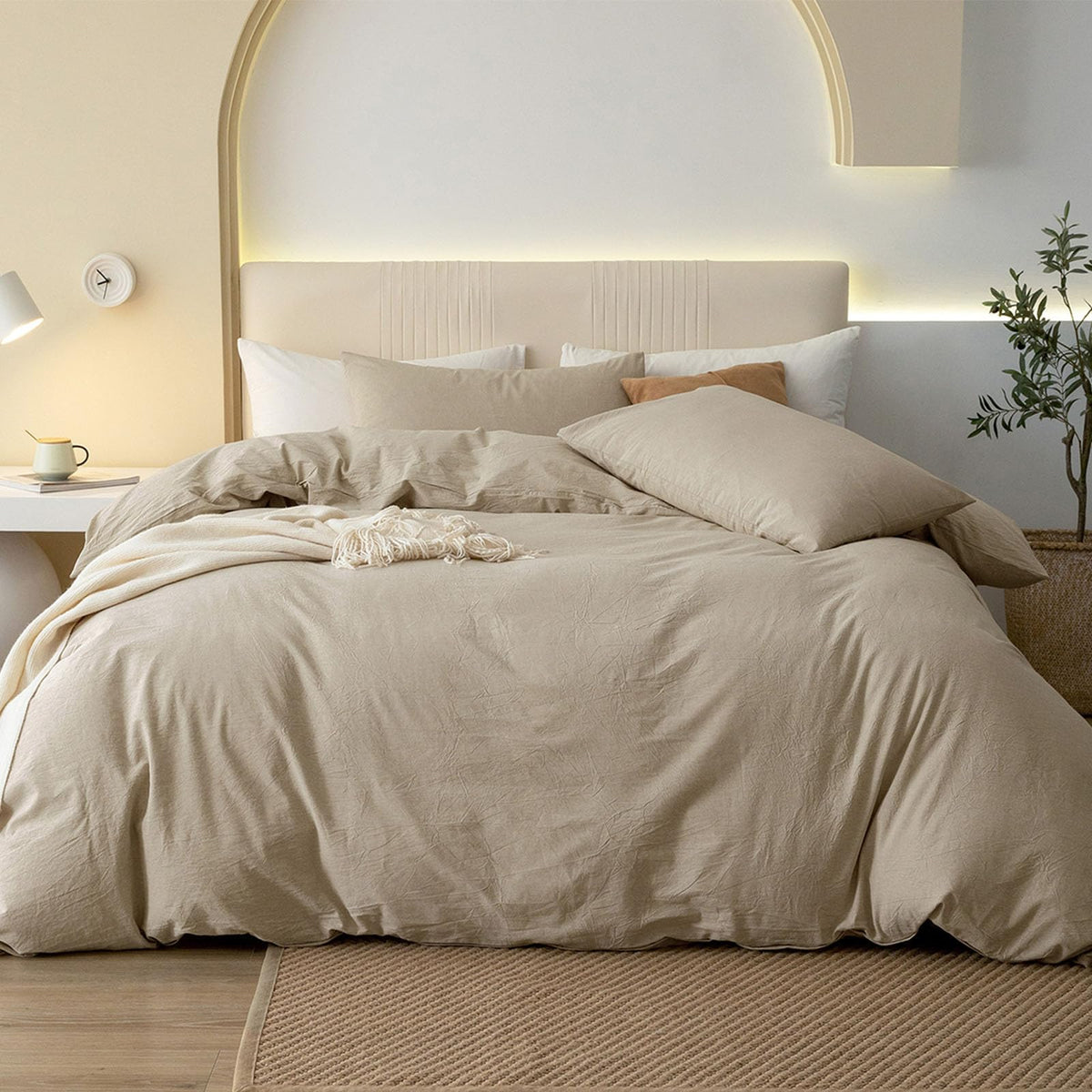 JIYUAN Queen Washed Cotton Duvet Cover Set, 3-Piece, Relaxed Linen Feel