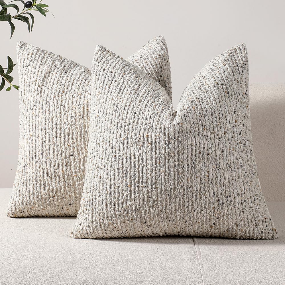 DEZENE Striped Throw Pillow Covers 18x18 Set of 2 Beige Textured Boucle Chic Morden Boho Accent Farmhouse Square Decorative Couch Pillow Covers for Home Decor Bed Sofa Living Room