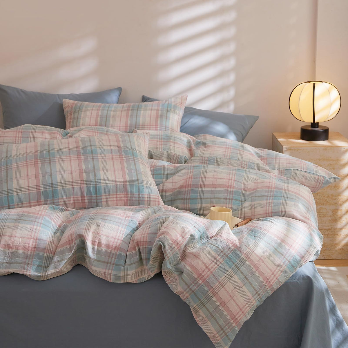 EAVD Retro Striped Duvet Cover Queen Soft 100% Washed Cotton Green Purple