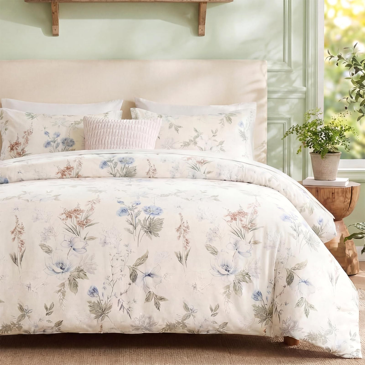 Duvet Cover Queen Size - 100% Cotton Reversible Floral Queen Duvet Cover Set with Zipper Closure, 3 Pieces Soft & Breathable Green Bedding Set for All Seasons