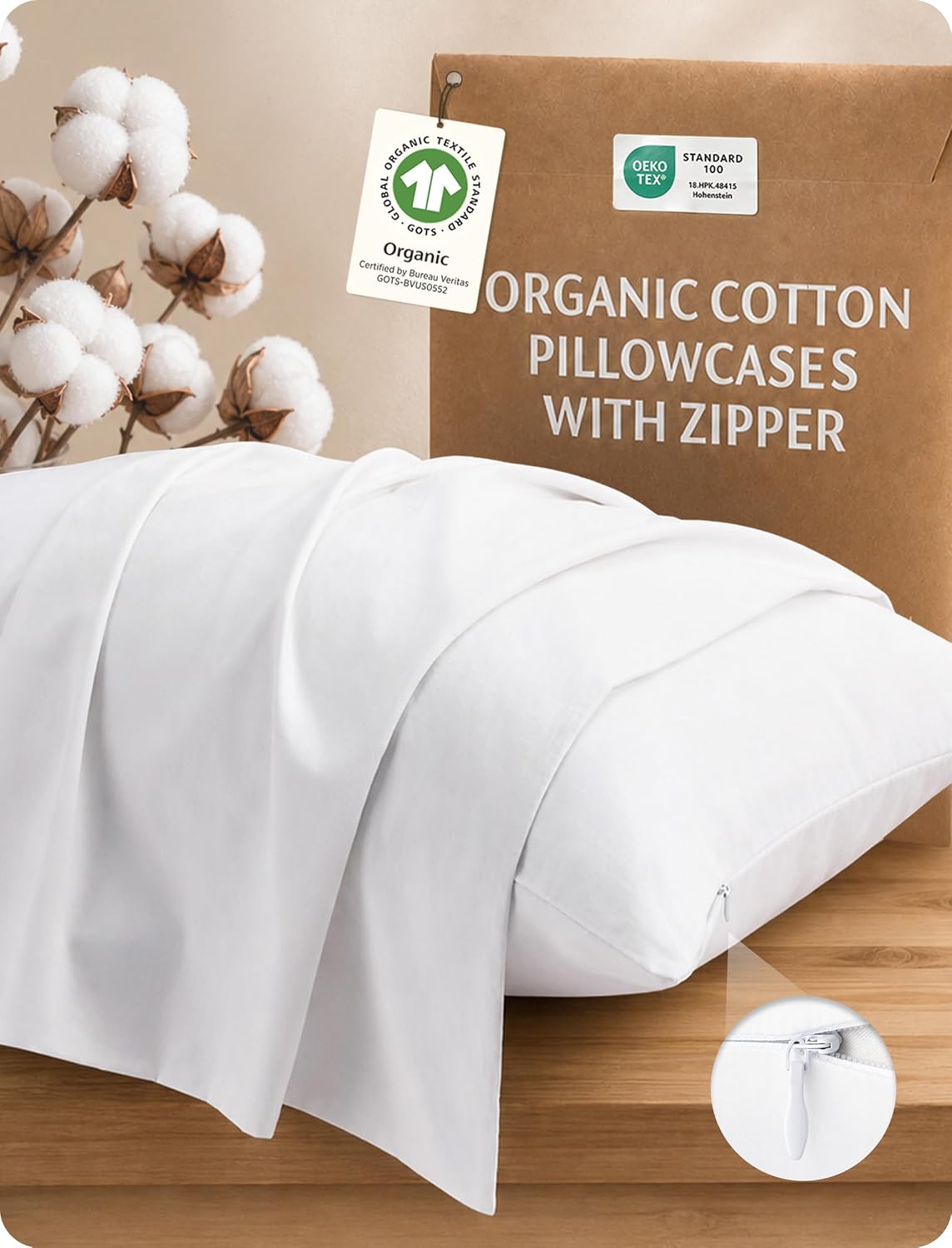 Bedsure PureWoven Organic Cotton Zipper Pillow Cases Queen Size Set of 2