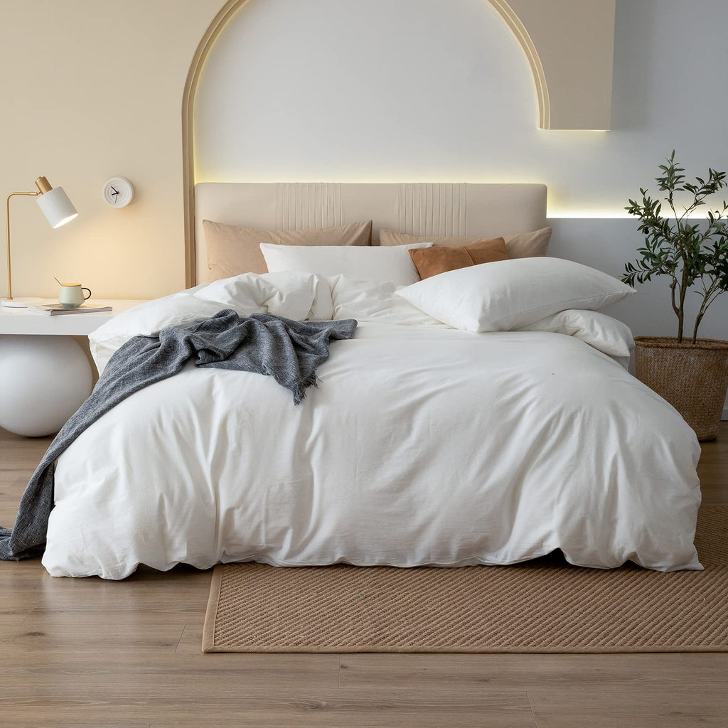 JIYUAN Queen Washed Cotton Duvet Cover Set, 3-Piece, Relaxed Linen Feel