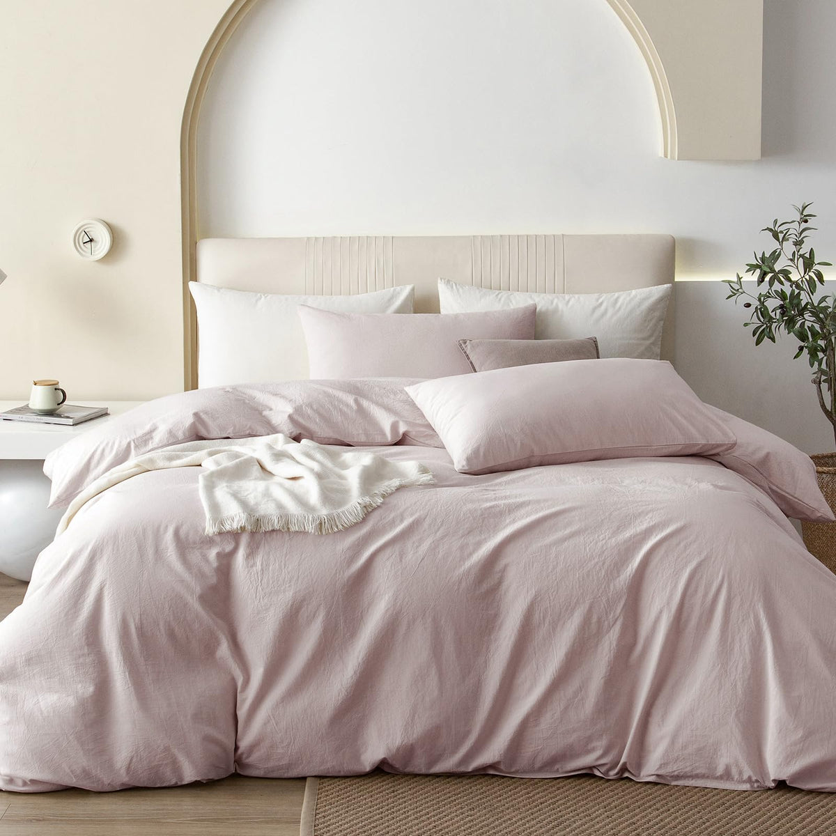 JIYUAN Queen Washed Cotton Duvet Cover Set, 3-Piece, Relaxed Linen Feel