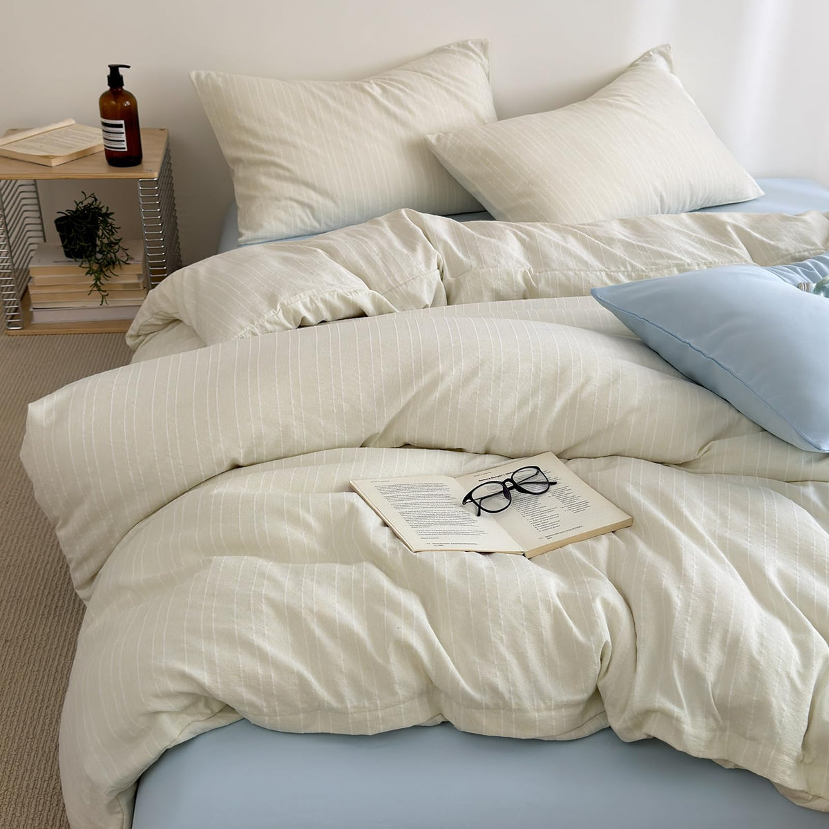 French Chic Ruffled Duvet Cover Queen Size Beige Wavy Jacquard Bedding Set 3 Pieces, Microfiber Zipper Comforter Cover and 2 Pillowcases Aesthetic Boho Girls Women Bedding Duvet Cover for All Seasons