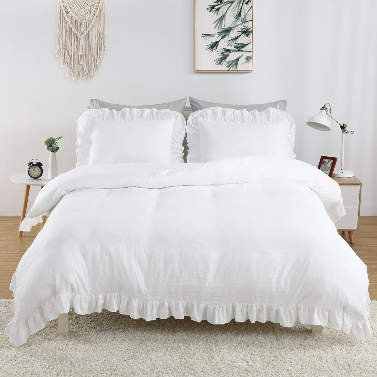 CAROMIO White Ruffle Duvet Cover Queen Size, 3PCS Soft Washed Microfiber Vintage French Country Duvet Cover Set for Queen Bed, White, 90x90 in