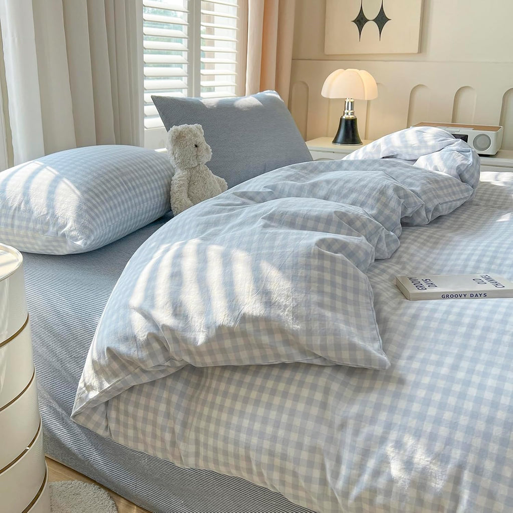 LifeTB Blue Gingham Duvet Cover Queen Size 100% Washed Cotton Blue White Plaid Checkered Duvet Cover 3 Pieces Farmhouse Grid Bedding Set Soft Breathable Gingham Comforter Cover with 2 Pillowcases