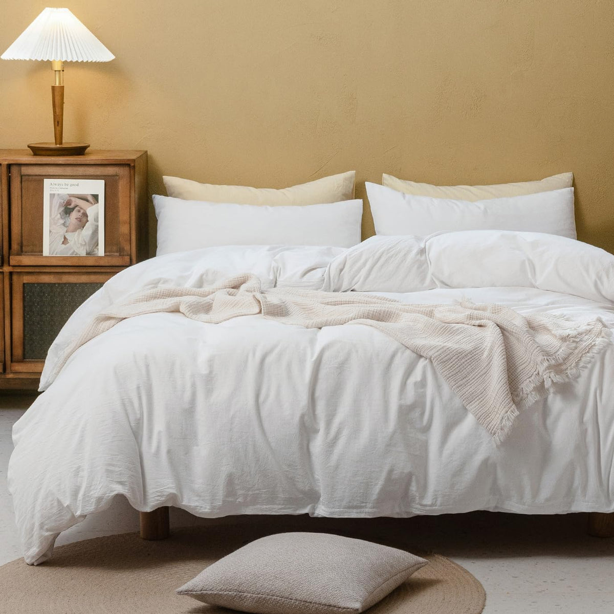 FOSSA Duvet Cover Set 100% Washed Cotton Linen Feel Queen