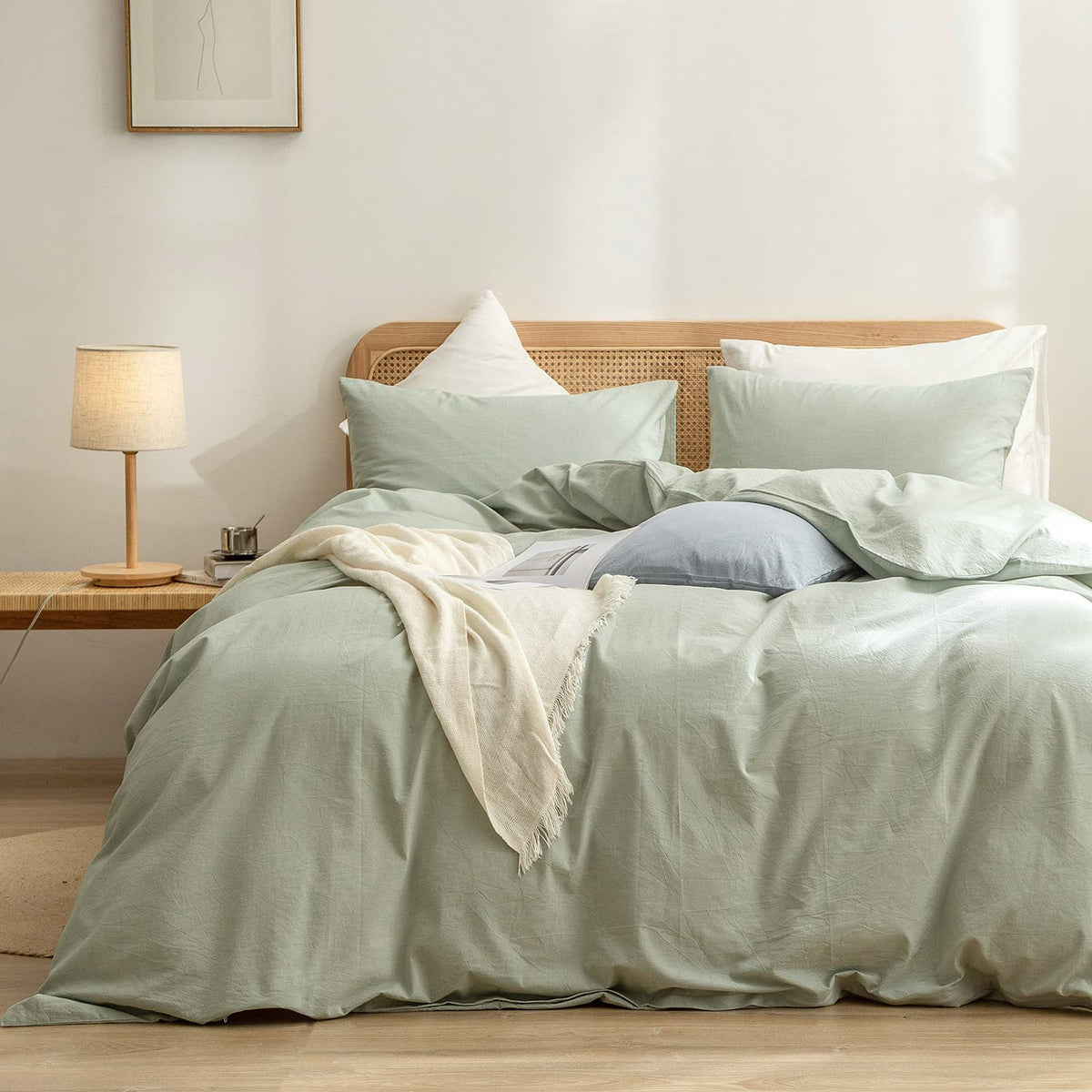 BESTOUCH Cotton Solid Duvet Cover Set Linen Feel Cornflower Blue King