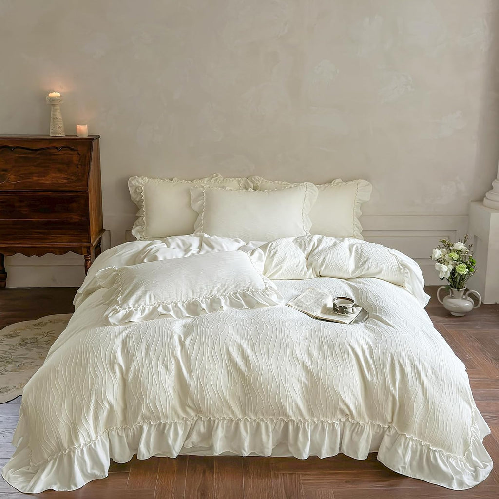 French Chic Ruffled Duvet Cover Queen Size Beige Wavy Jacquard Bedding Set 3 Pieces, Microfiber Zipper Comforter Cover and 2 Pillowcases Aesthetic Boho Girls Women Bedding Duvet Cover for All Seasons