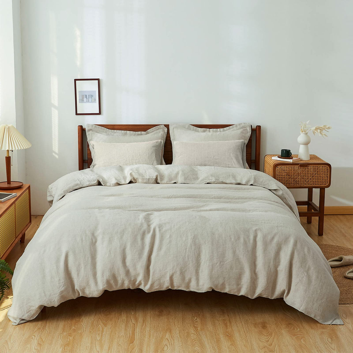 Simple&Opulence 100% Linen Duvet Cover Set 3pcs Basic Style Natural French Washed Flax Solid Color Soft Breathable Farmhouse Bedding with Button Closure - Linen, King