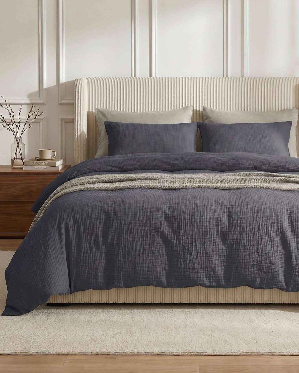 SE SOFTEXLY Muslin Duvet Cover Queen Size, 100% Washed Cotton Duvet Cover Set, Ultra Soft Comforter Cover Linen Like, 3 Pieces Minimalist Gauze Duvet Cover with 2 Pillowcases, 90"x90", White