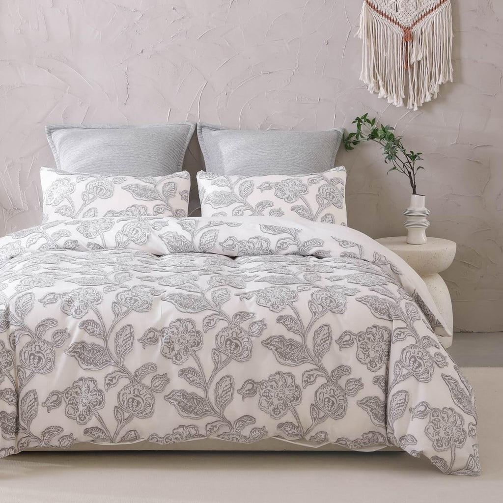 meadow park Cotton Clipped Jacquard Duvet Cover Set King, 3 Pieces Jacobean Floral Bedding Set (Pink, King)