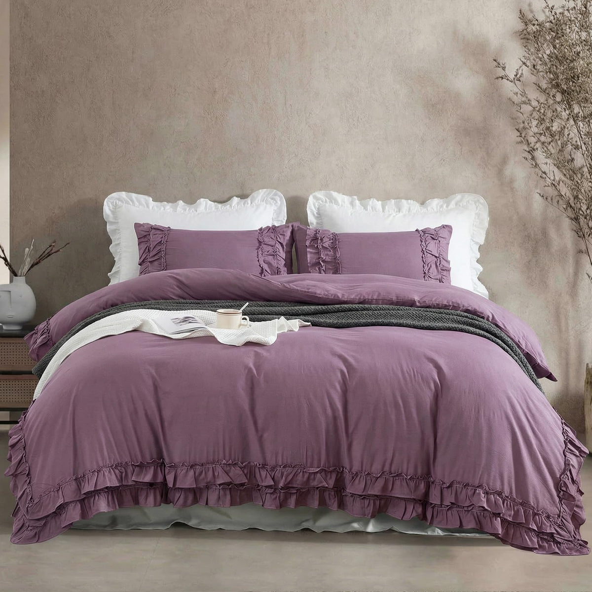 Bedorm Beige Duvet Cover Set Queen Ruffle Bedding Set Pleat Ruffled Shabby Chic Comforter Cover Extra Soft & Easy Care White Boho Duvet Cover with Zipper Closure