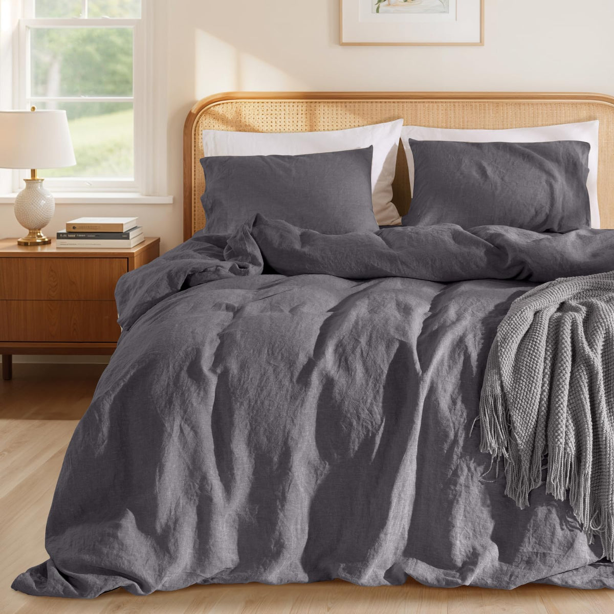 LBRO2M 100% French Linen Duvet Cover Set 3Pcs, Comforter Cover King Size