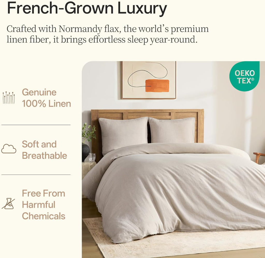 DAPU 100% French Linen Duvet Cover 3Pcs Set, 170GSM Linen Bedding, Queen