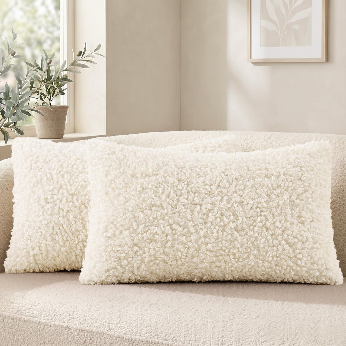 decorUhome Sherpa Throw Pillow Covers 18x18 Set of 2 Neutral Cream
